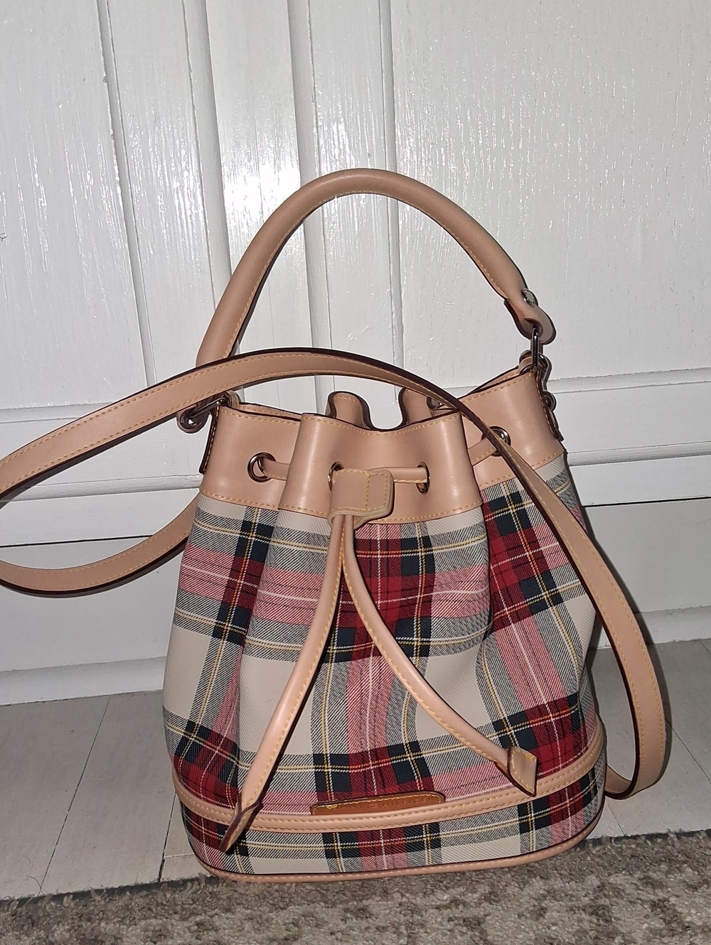 Tommy Hilfiger Plaid Drawstring Bucket Bag in Tan Trim